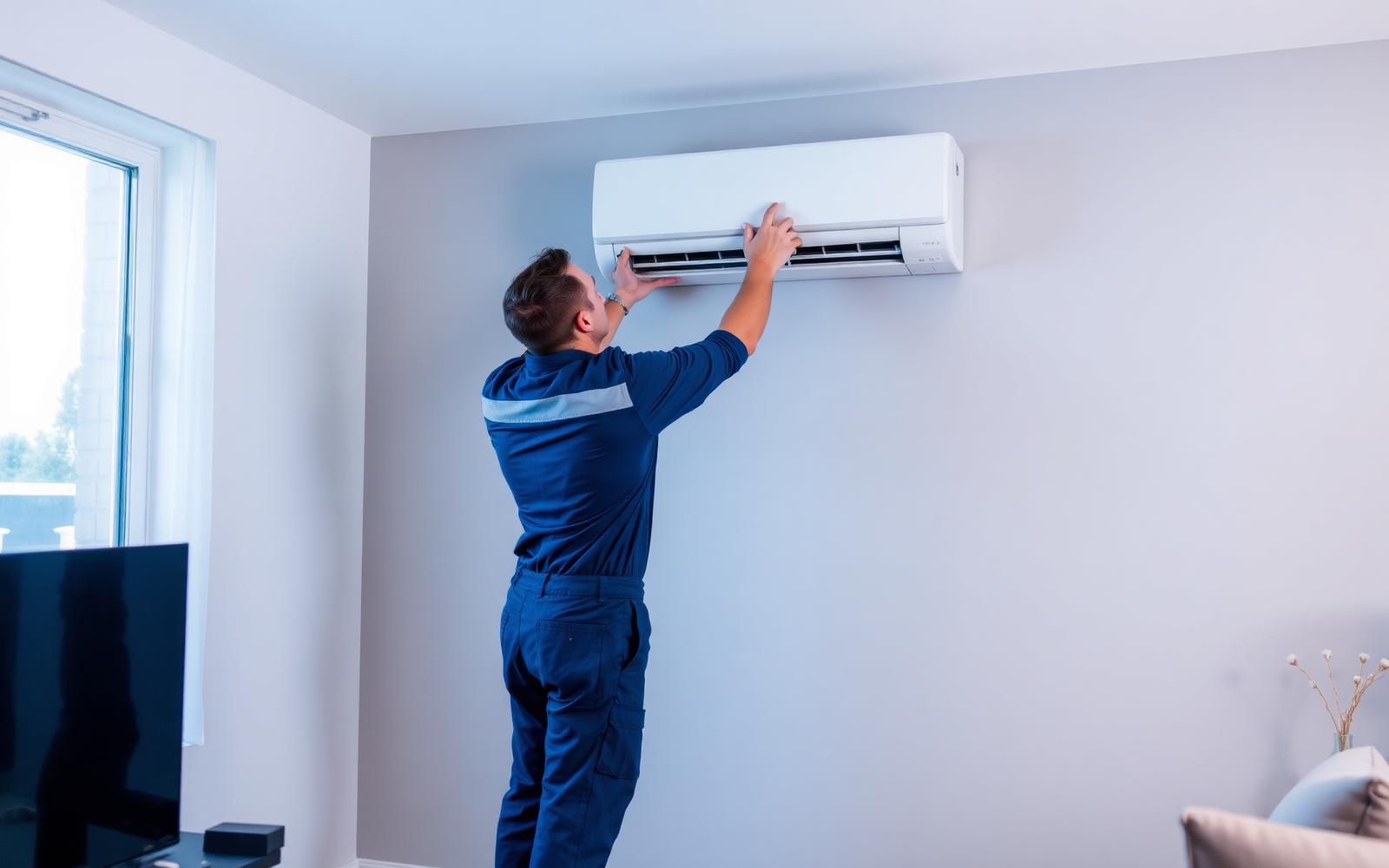 Técnico do Grupo RPS instalando ar condicionado split em ambiente residencial